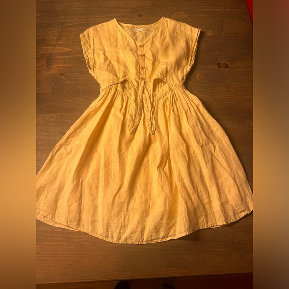 ZARA sz 11-12 years light yellow linen dress with front wait tie, button up - Picture 9 of 11